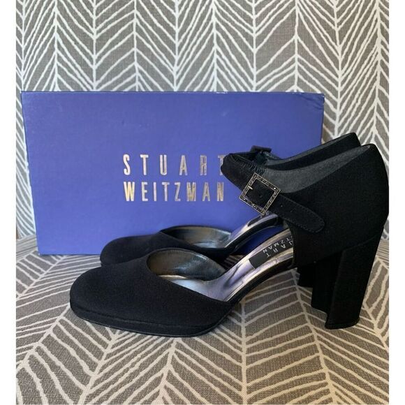 STUART WEITZMAN BLACK SATEEN ROUND TOE buckle DRESSY party PUMPS HEELS SHOES 7.5 - Picture 2 of 12